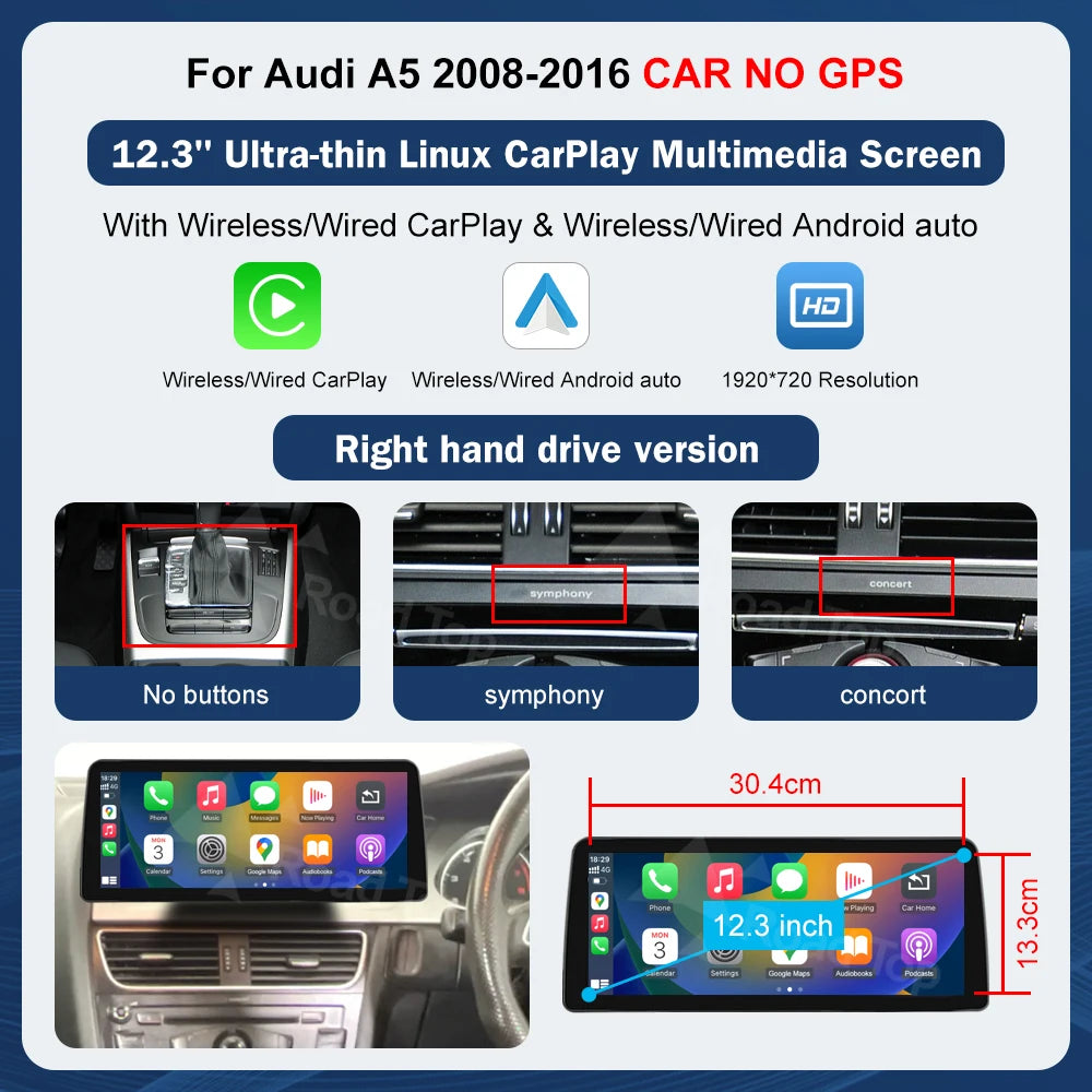 8.9 Inch 12.3"" Multimedia Display Touch Screen For Audi A5 S5 2008-2016 Airplay Miracast Function Wireless Carplay Android Auto
