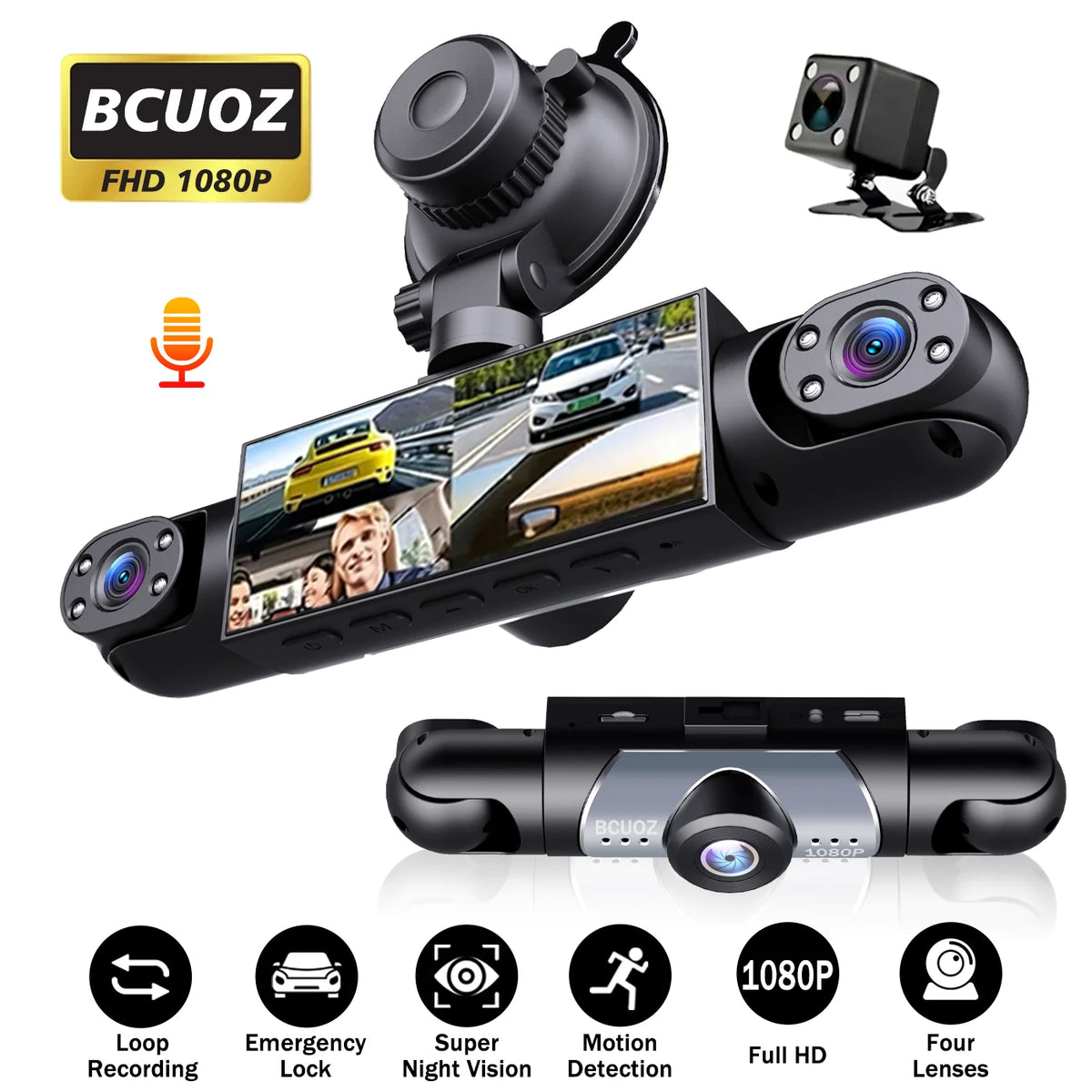 BCUOZ 4-Lens 360° Dashcam, 1080P Front + 720P Built-in Rear Left and Right Car Cameras, Super Night Vision, Loop Recording, G-Sensor, WDR, 12-24V Car Plug Power Supply, Optional 64GB Memory Card.