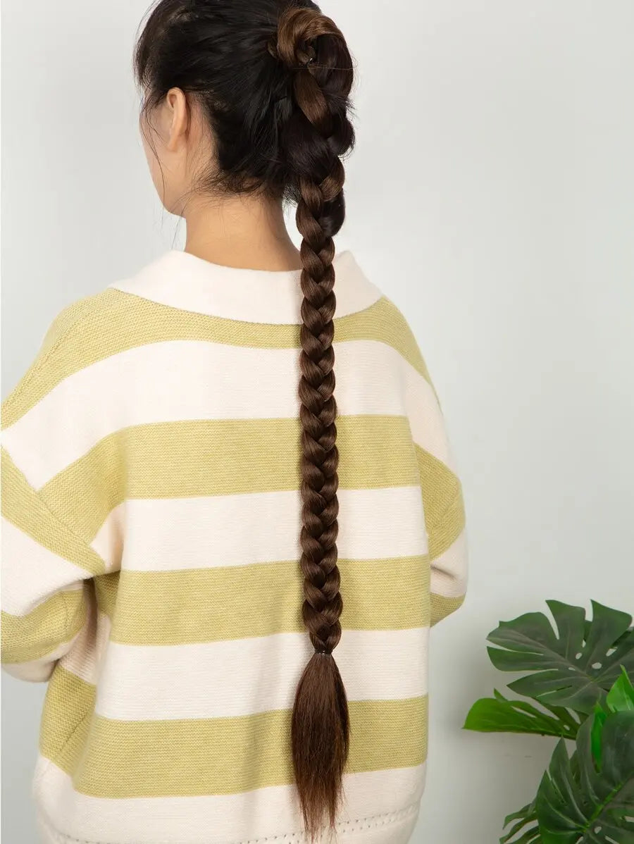Long Braided Ponytail Hair Extensions With Hair Tie, Straight Wrap-Around Synthetic Hair, Natural Soft