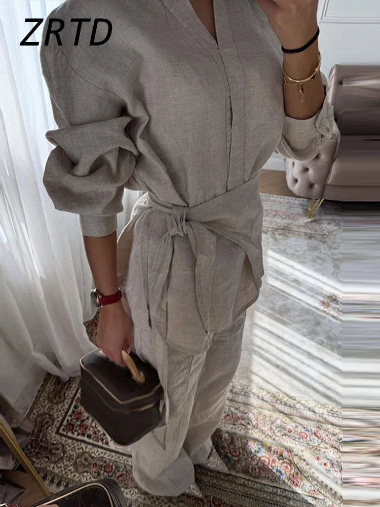 Linen Lace-Up Shirt & Wide-Leg Pants Set — Women's 2-Piece