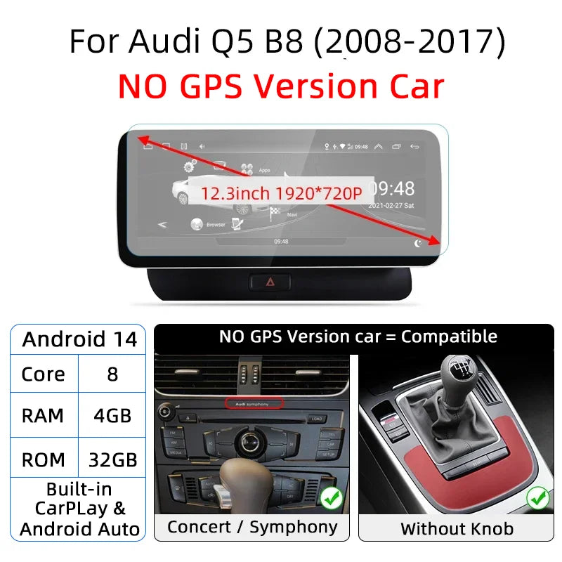 12.3 Android 14 System Car Radio Stereo For Audi Q5 8R 2008-2017 WiFi 4G LTE 8+128GB CarPlay BT IPS Touch Screen GPS