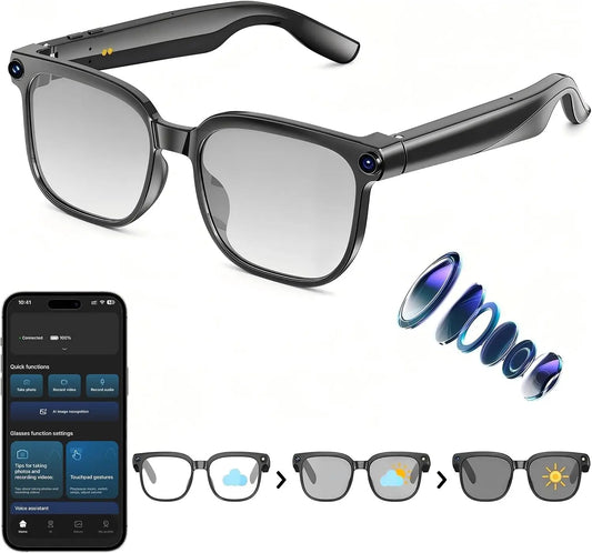 AI smart glasses with cameras, 8-megapixel camera glasses, 1080P stabilized video recording glasses, real-time translation, AI voice assistant, object recognition, men's and women's Bluetooth sunglasses (color-changing), life