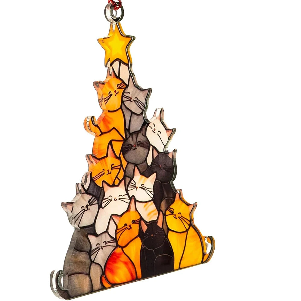 9cm Cat Christmas Tree Suncatcher Ornament Cute Cat Lover Gifts Women Funny Christmas Decorations Black Orange Decor Hanging