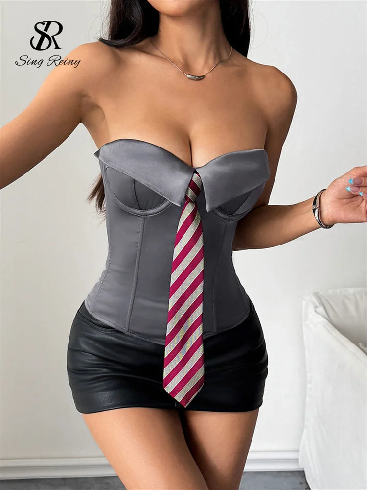 SINGREINY Women Sensual Strapless Slim Tank Tops Female Striped Tie Short Tank Tops Fashion Summer Lace Up Streetwear Tank Tops