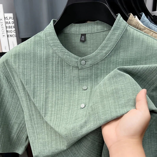 Men's Mandarin Collar Henley - Three-Button, Breathable Slim Fit