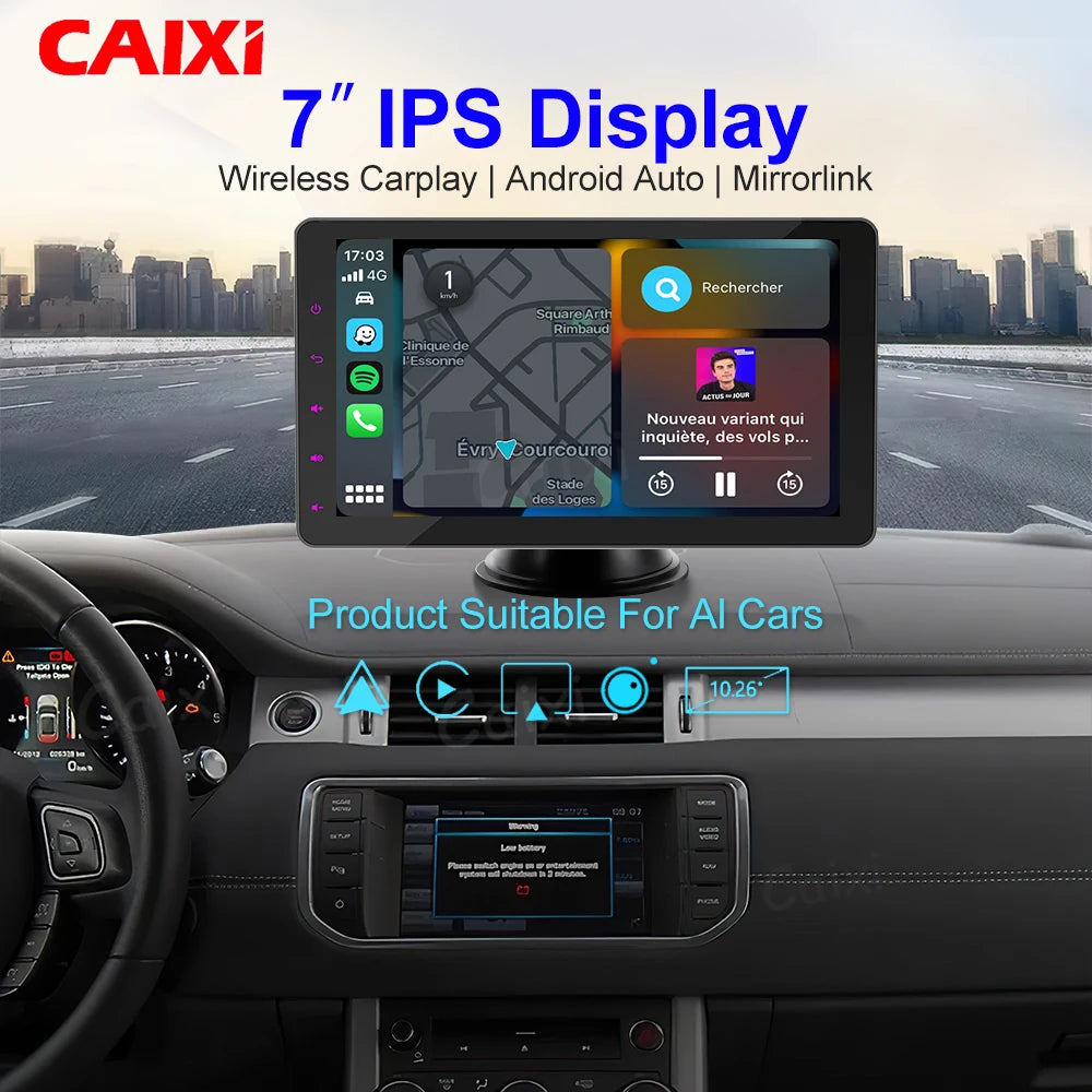 CAIXI Portable Wireless CarPlay & Android Auto Touchscreen — Dash-Mount Car Stereo Display