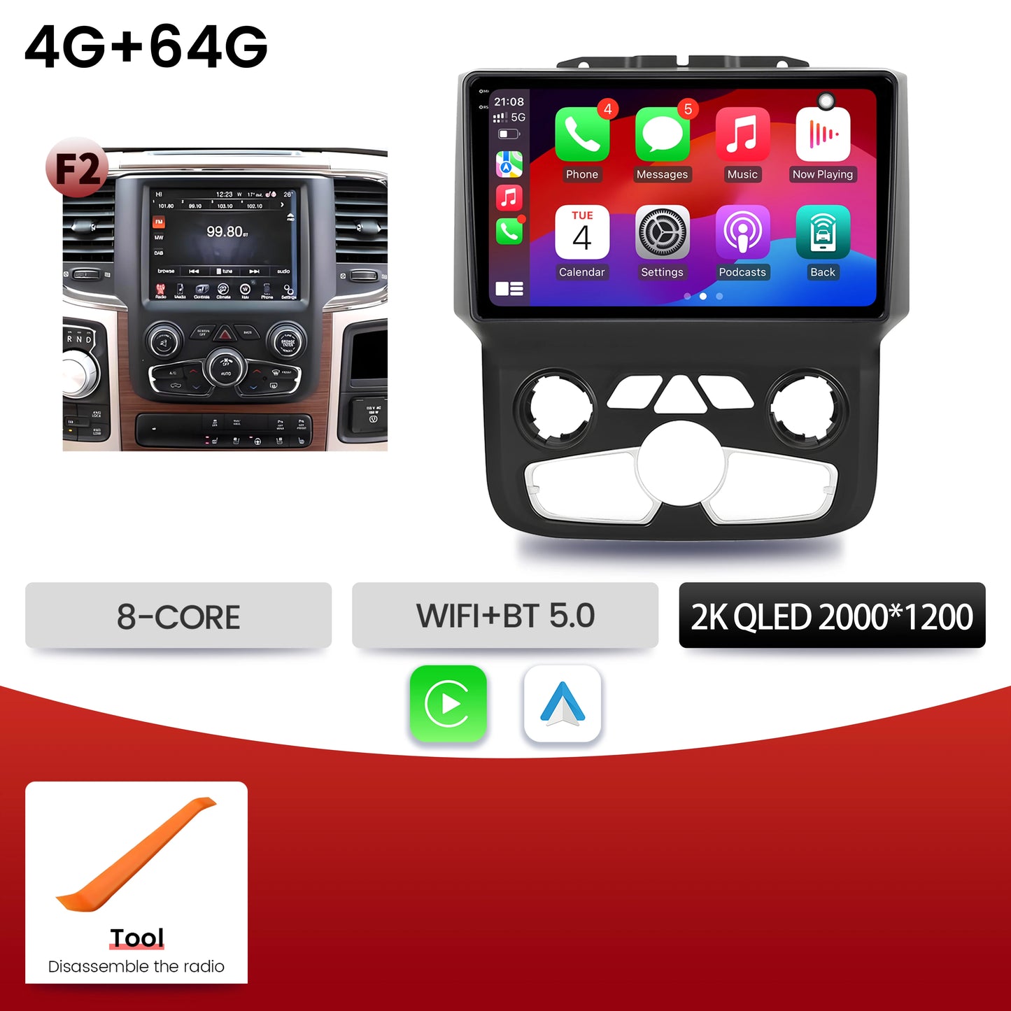 9"  Car Radio For Dodge RAM 1500 2500 2013-2019 Android 16 Wireless BT Carplay Multimedia Navigation Touch 2K QLED Screen