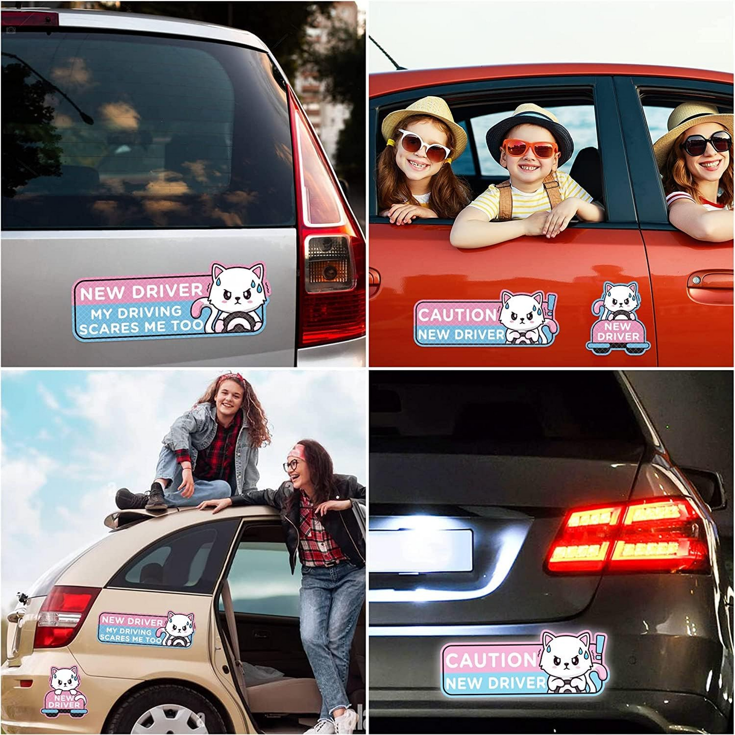 Cartoon Cat Student Driver Car Magnet – Cute Reflective New Driver Safety Bumper Sticker (Reusable)