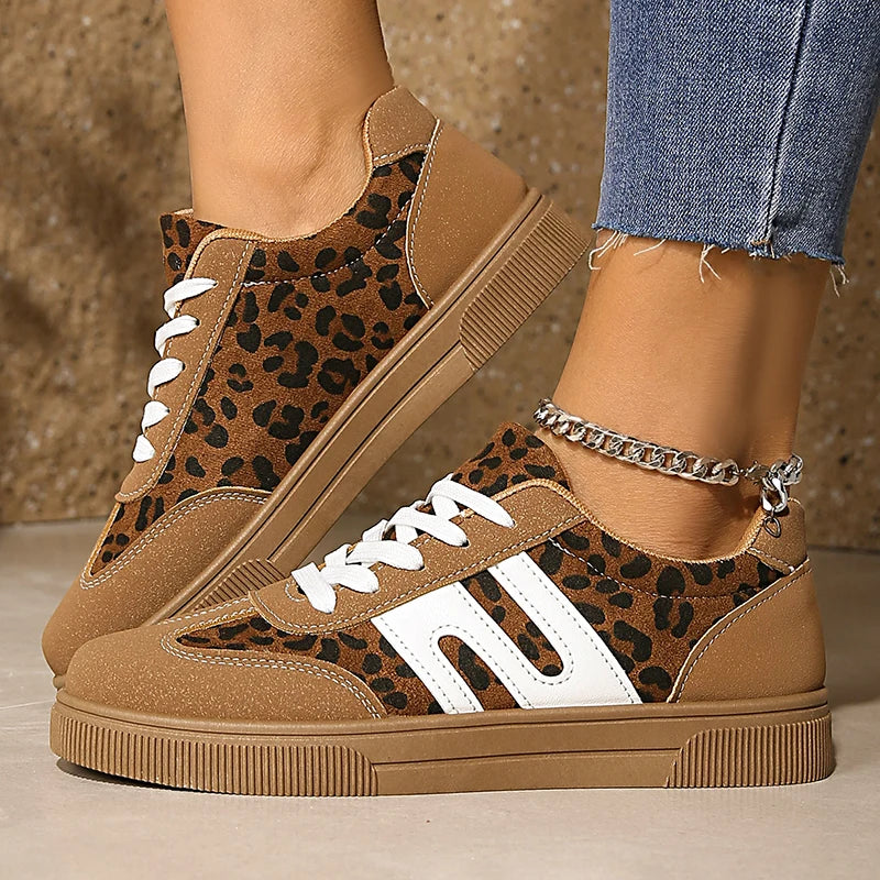 Brown Leopard Platform Sneakers for Women — Non-Slip Thick-Sole Trainers, Plus Size