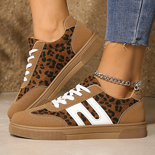 Brown Leopard Platform Sneakers for Women — Non-Slip Thick-Sole Trainers, Plus Size