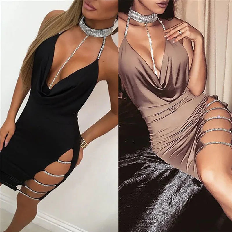 Women's Deep V-Neck Backless Side Split Bodycon Mini Dress – Silver Collar Club & Party Dress | S–XL (Black, Khaki)