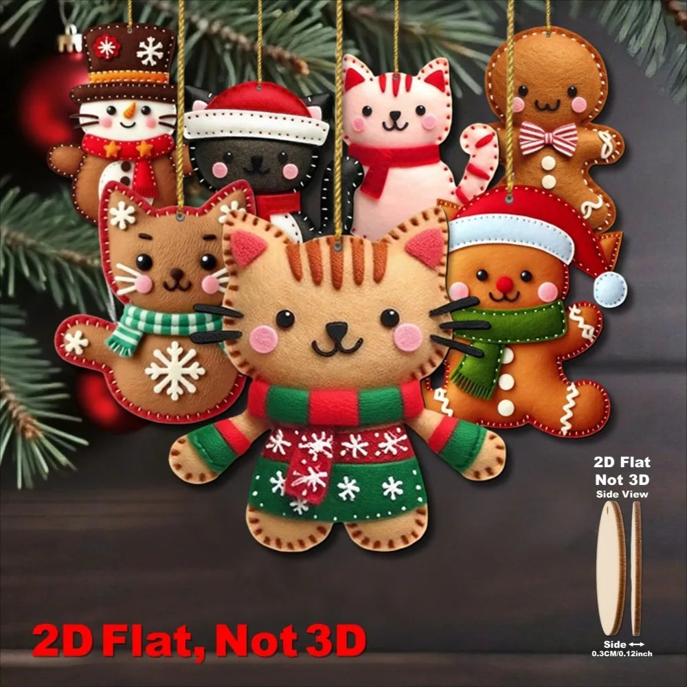 2D Flat Gingerbread Cat Tree Toppers Artificial Wood Christmas Ornaments with Hanging Loop Xmas Tree Holiday Home Decor Supplies