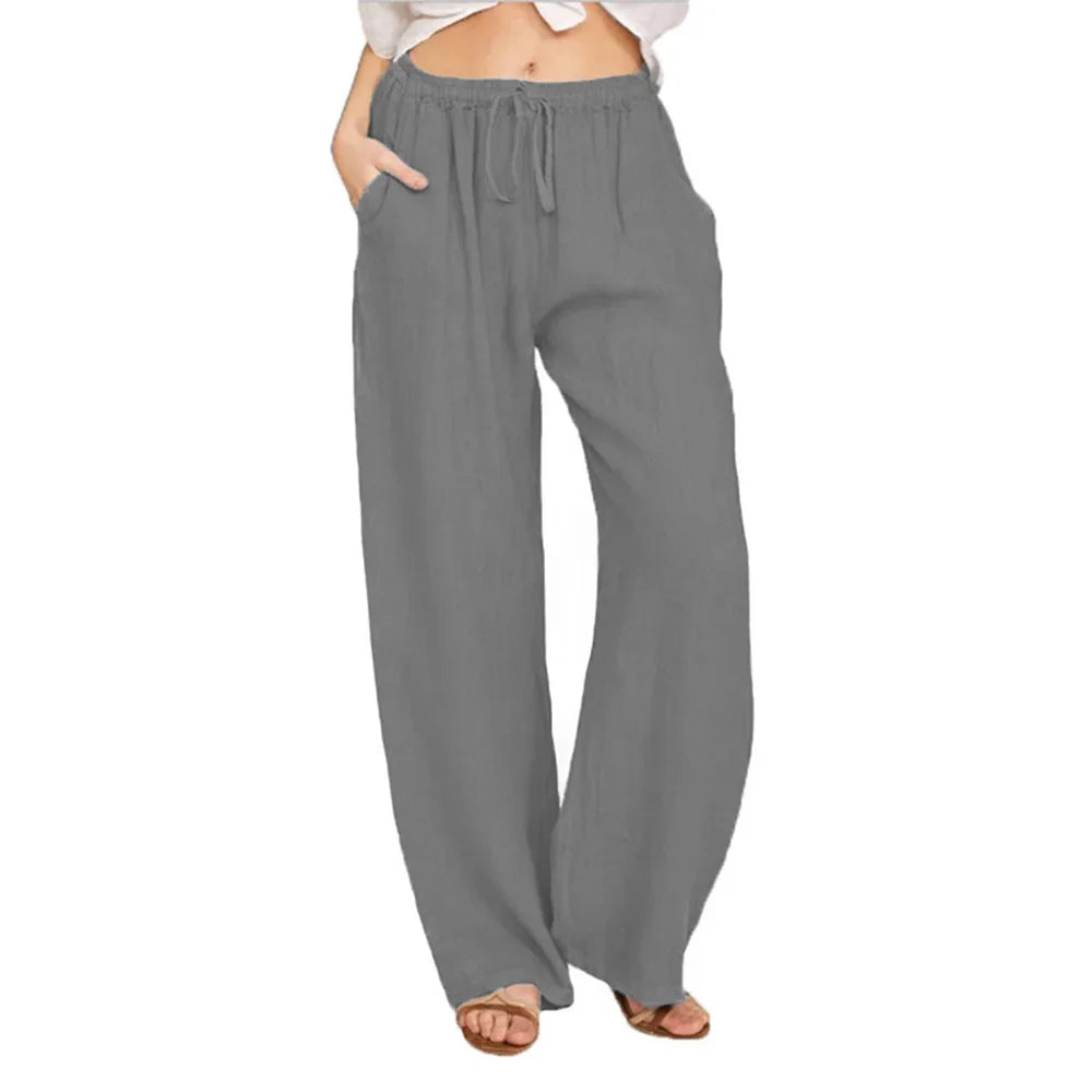 Summer Autumn Women Fashion Cotton Linen Pants Elastic Waist Loose Straight Pants Female Casual Solid Color Versatile Trousers