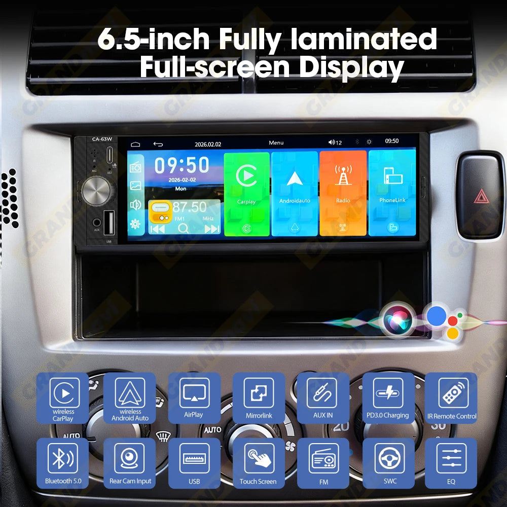 6.5 Inch 1Din MP5 Player Stereo Wireless Carplay Android Auto Airplay Car Radio Bluetooth FM EQ Type-C PD3.0 Fast Charging