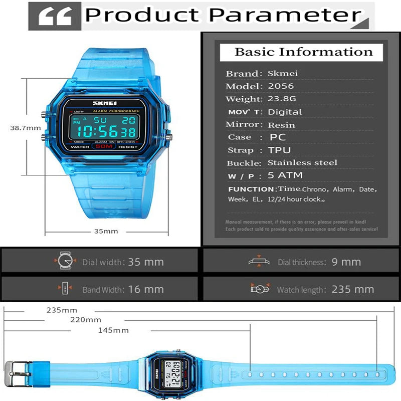 Skmei Women Digital Watches Fashion Transparent Case TPU Strap Led Waterproof Swimming Sports Wristwatch Female Alarm Clock