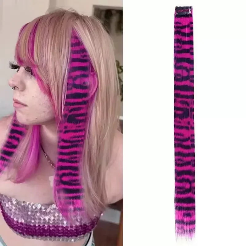 3pcs/set Stripe Printed Hair Colorful Long Straight Hair Pieces Synthetic Clip-in Hair Extensions for Daily Use Party Halloween