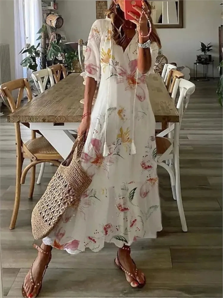 Women's Boho Maxi Dress – Casual V-Neck Drawstring Long-Sleeve Printed Bohemian Dress