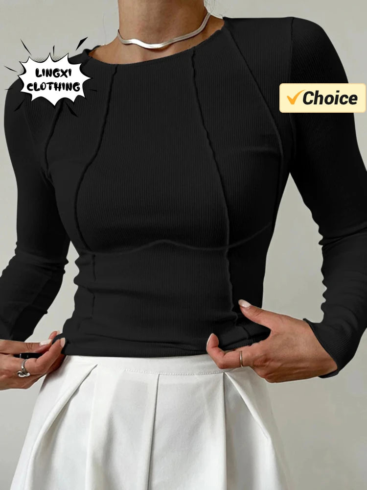 Women's Slim Fit Round Neck Long Sleeve Sports T-Shirt – Dopamine Color Casual Pullover Top