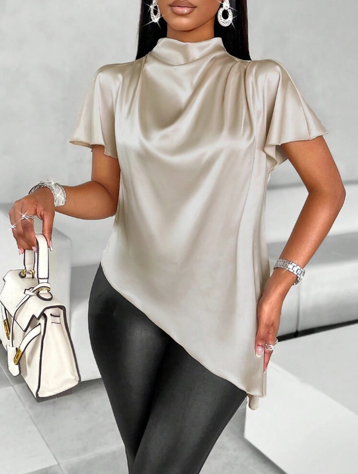 Women's Solid Color Satin Shirt 2025 Spring/Summer Foreign Trade Asymmetric Hem Blouse Top