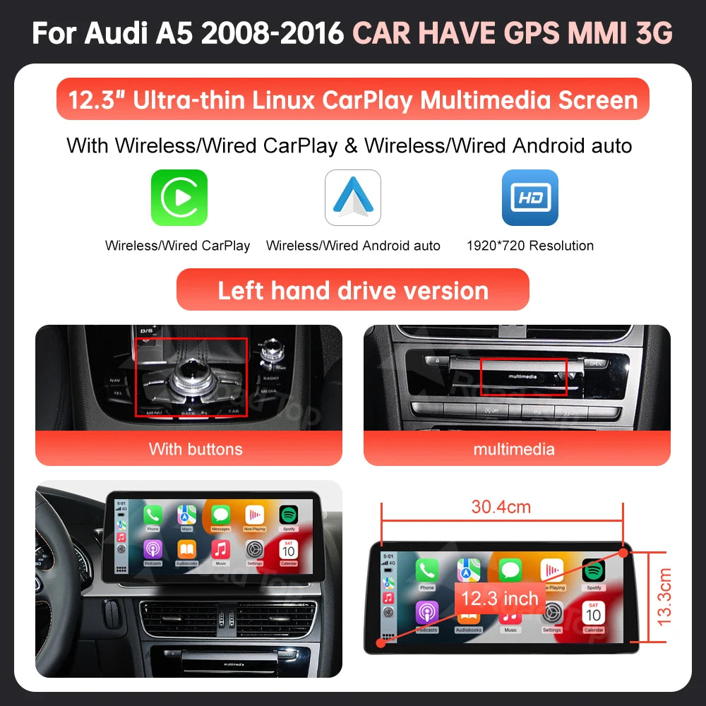 8.9'' 12.3" Car Multimedia Display Linux Screen For Audi A5 S5 2008-2016 With Wireless Carplay Android Auto Airplay Autolink