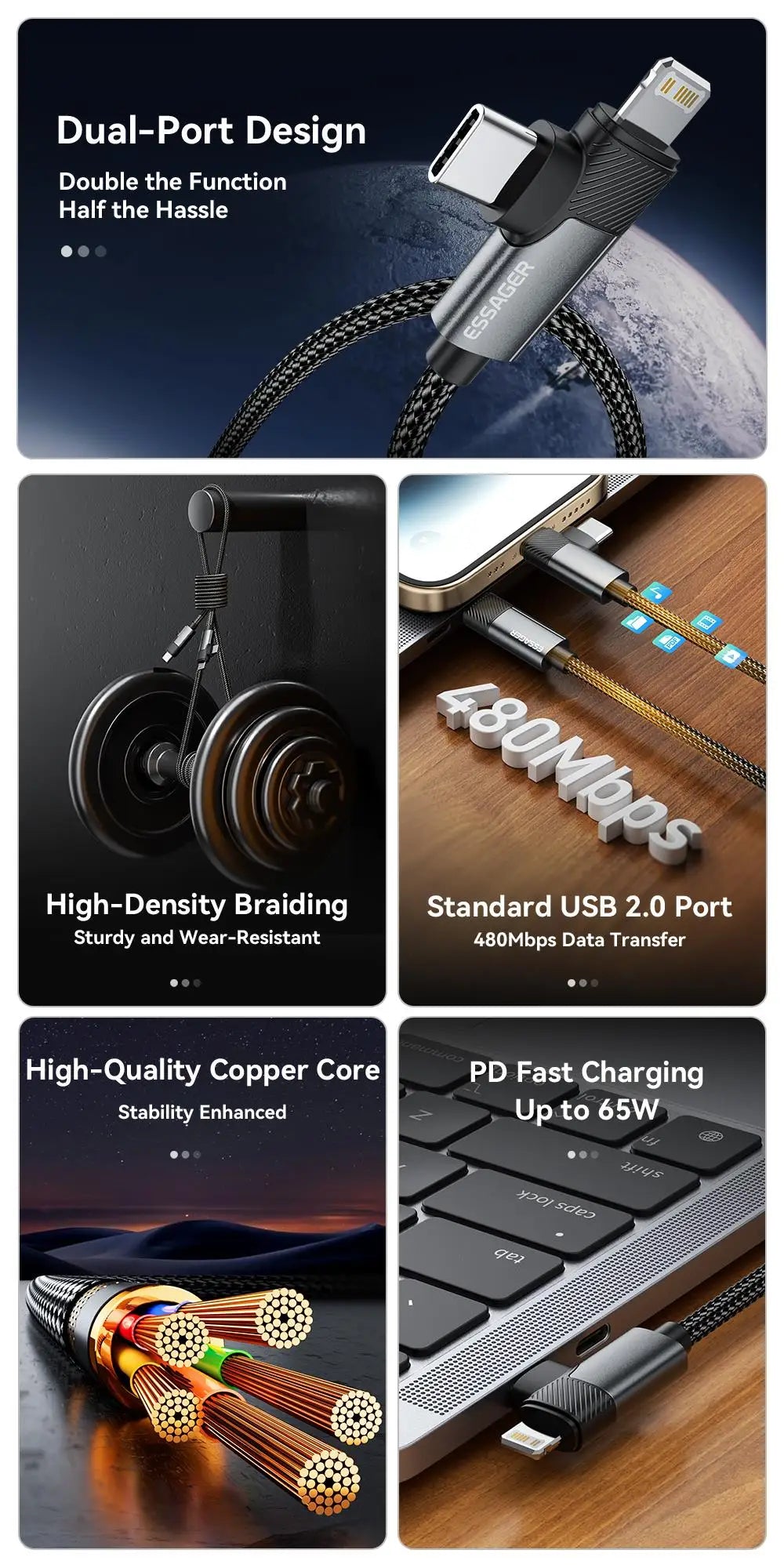 Essager 2-in-1 Right Angle Cable PD 65W 29W Fast Charging Elbow Data Cable For iPhone 15 14 13 MacBook Lenovo Asus Dell iPad Pro