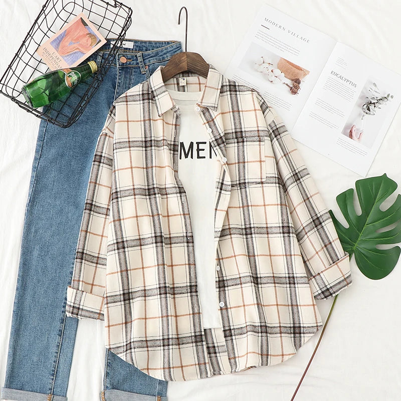 Women's Plaid Long Sleeve Shirt - Loose Casual Button-Up Blouse - photo 21