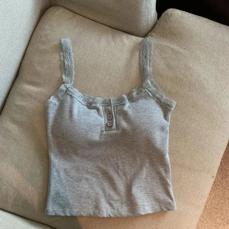 Sexy White Knit Camisole Lace Tank Top Cropped Vest Women's Sleeveless Crop Tops with Chest Pad Y2k Cute Summer Slim Undershirt