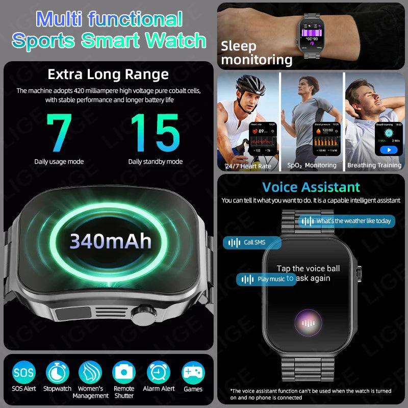 LIGE BWU15 Smart Watch – 2.2" 3D Curved Screen, BT Calling, Heart Rate, Blood Oxygen & 100+ Sports Modes | IP67
