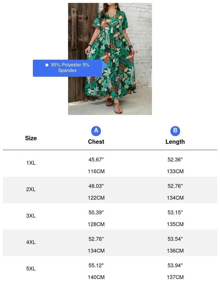 Women's Plus Size Boho Tropical Print V-Neck Dress with Ruched Chest & Short Sleeves Spring Summer Vacations Cute Dresses