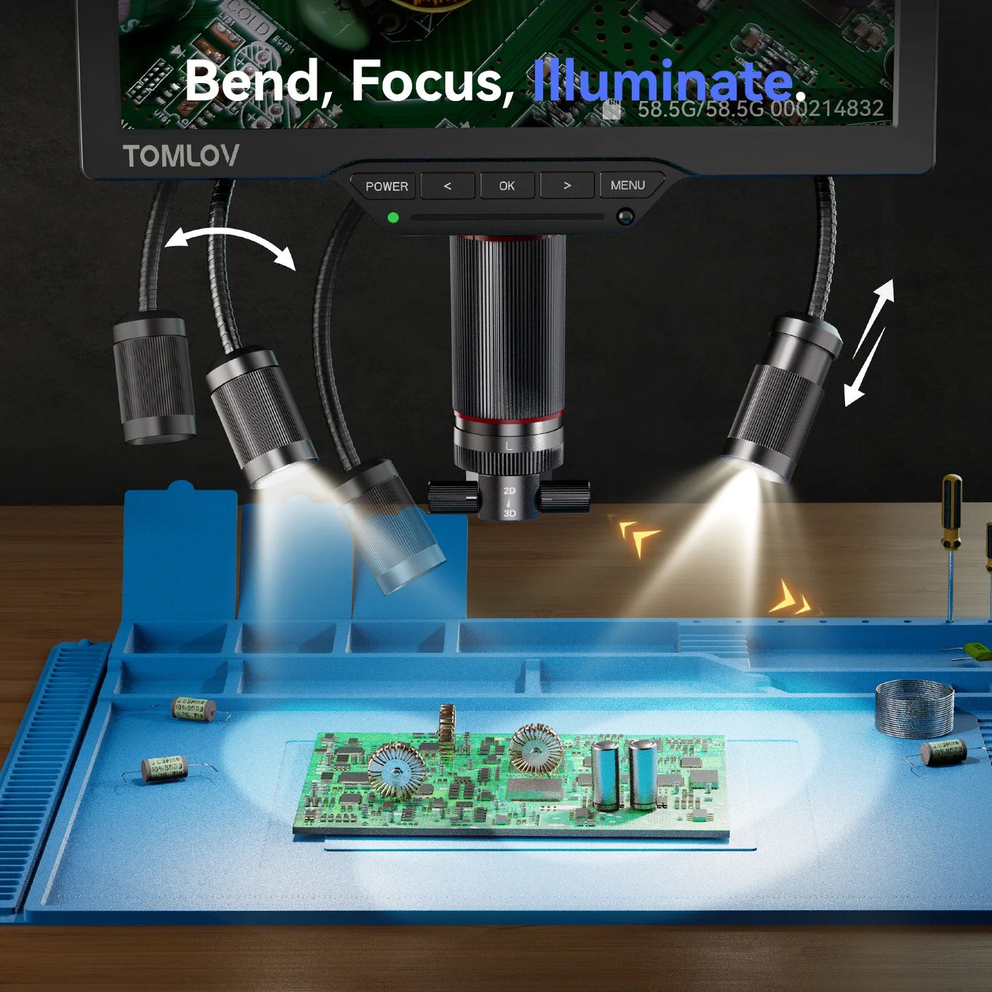 TOMLOV TM3K-3D Max Digital Microscope – 3K 10" Screen, Magnetic Dual Lens, 360° 3D View | PCB & Coin Repair