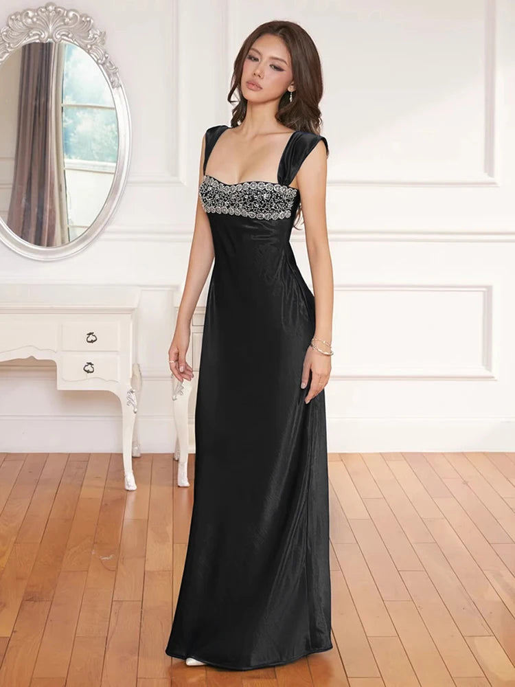 Nibber Elegant Strap Dress Women Low-Neck Patchwork Classic Evening Sexy Stain Valentine's Day Dating Slim Coquette Long Bodycon