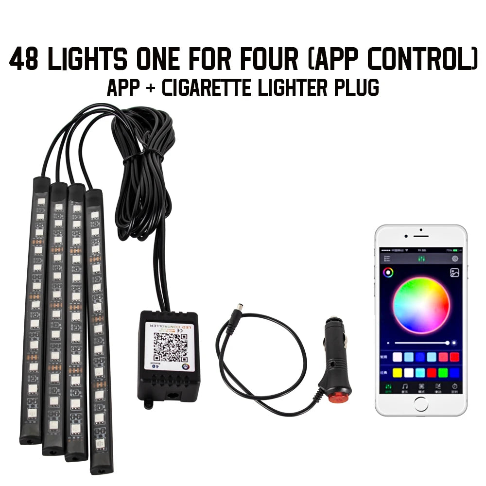 RGB LED Car Interior Ambient Light Strip – 36/48/72 LED Remote & App Music Control | USB or Cigarette Lighter | Atmosphere Foot Light