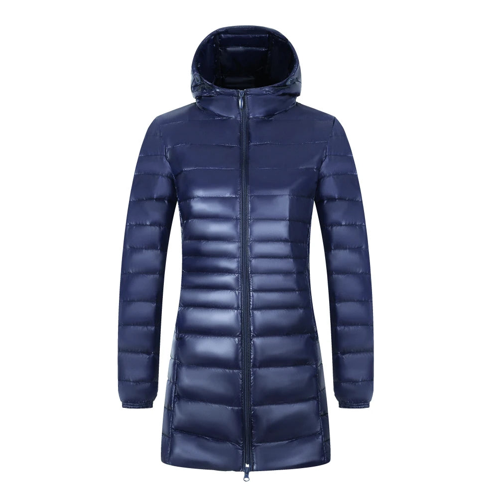 Women's Long Puffer Coat with Storage Bag - Light Hip-Length Jacket - photo 6