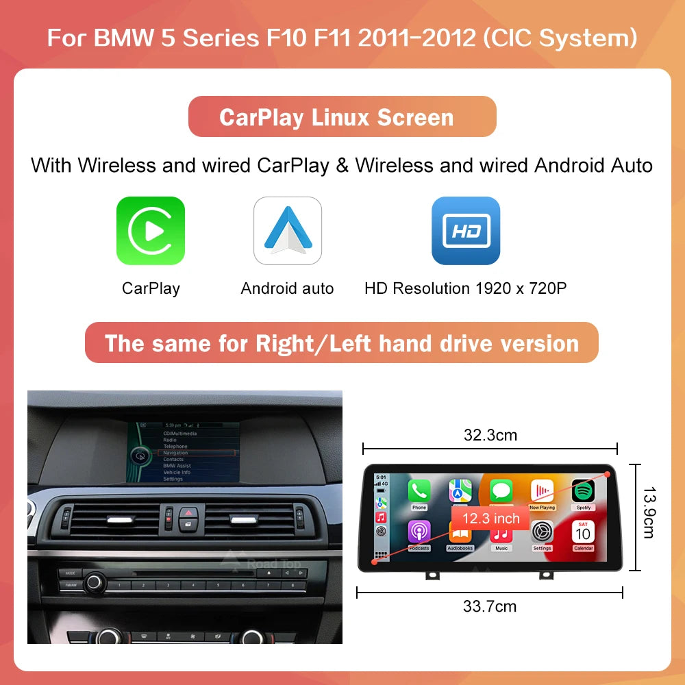Wireless CarPlay & Android Auto Display Screen, Compatible with BMW 5 Series F10 F11 (CIC/NBT)