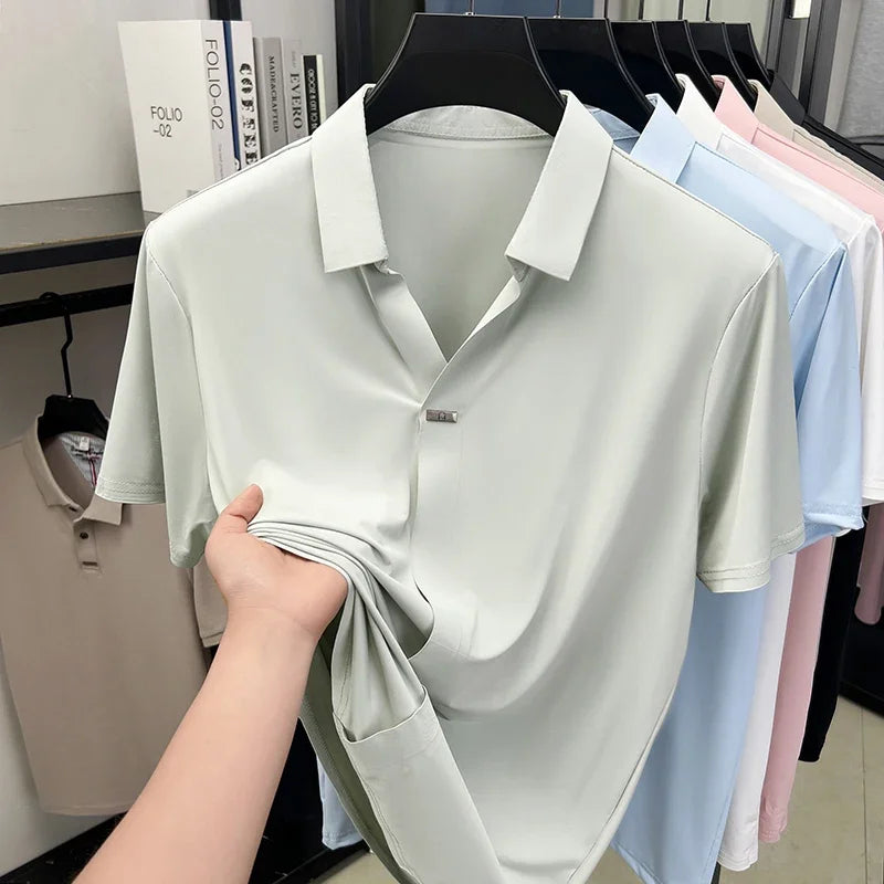 Men's Slim-Fit Lapel Polo - Metal-Bar Placket, Seamless Smooth Knit