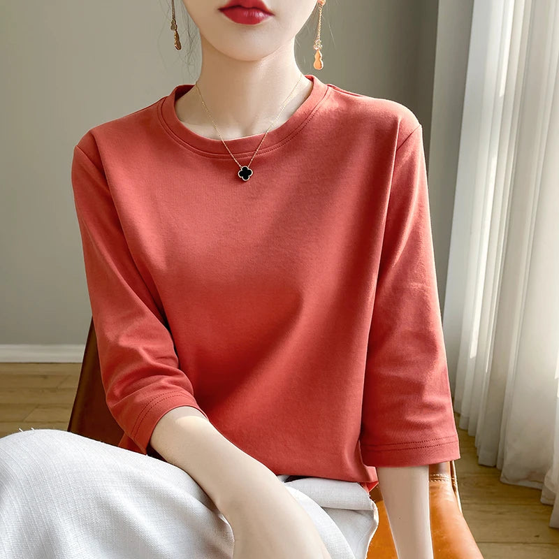 Women's Mercerized Cotton T-Shirt — Loose Round-Neck Half-Sleeve Top