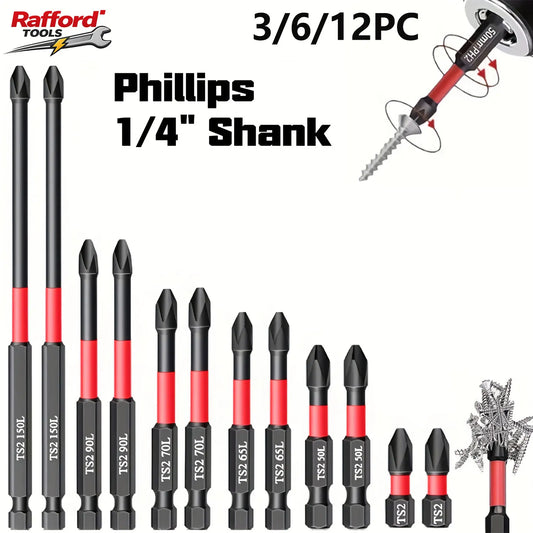 Rafford Magnetic Impact Screwdriver Bit Set 3/6/12Pcs High Torque S2 Steel 1/4"  Phillips PH2 for Electric and Manual Drills