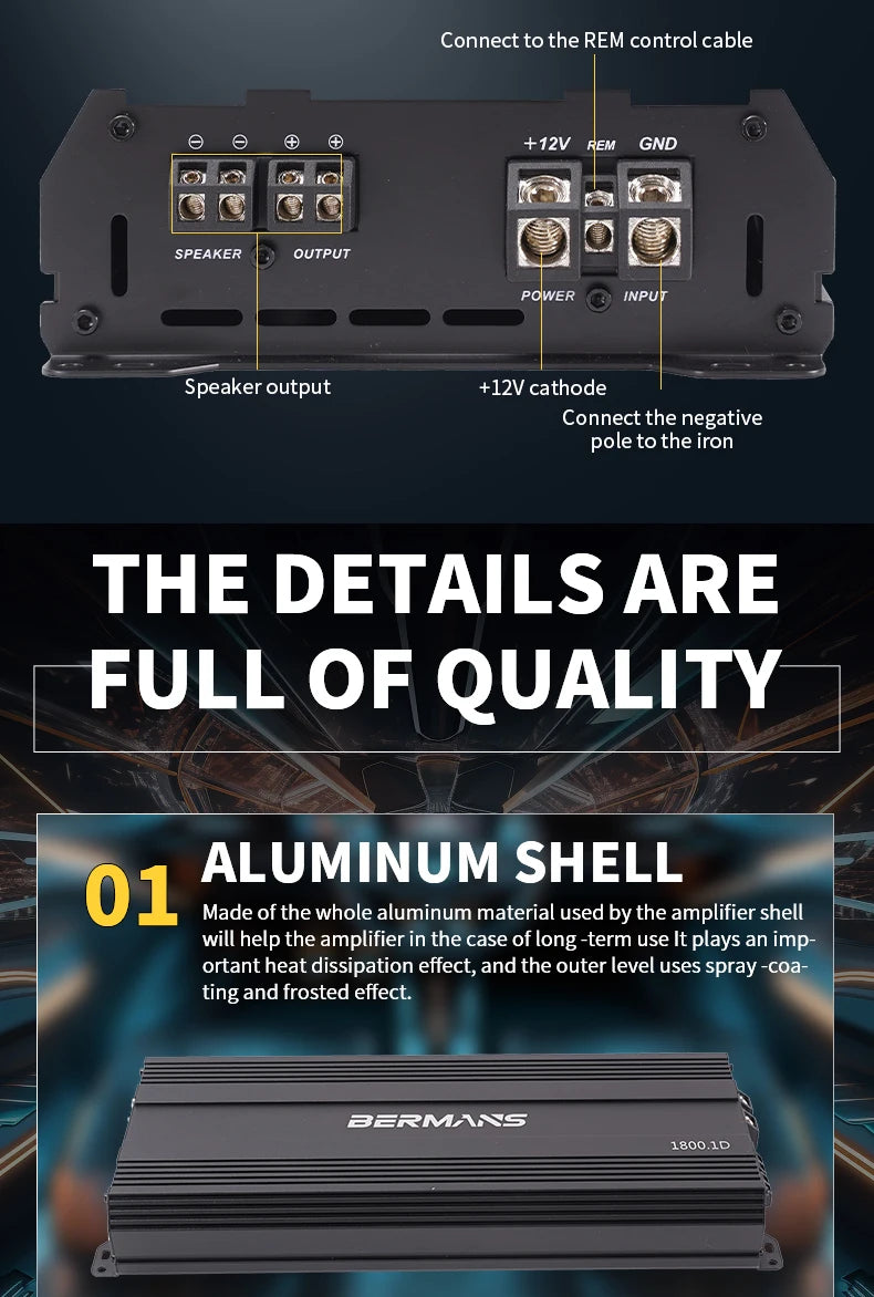Car Max 1500W single-channel car audio amplifier, low distortion, smooth sound quality, Class D high-power car power amplifier,