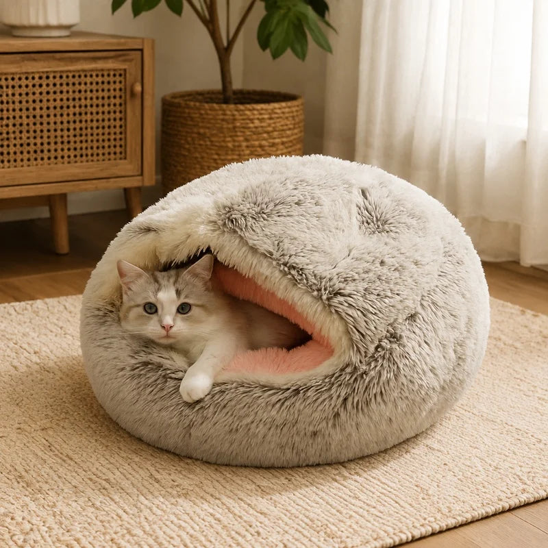 Large Semi-Enclosed Plush Pet Bed 60cm - Cozy Fleece-Lined Cat Nest