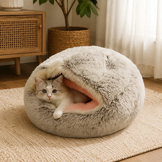 Large Semi-Enclosed Plush Pet Bed 60cm - Cozy Fleece-Lined Cat Nest