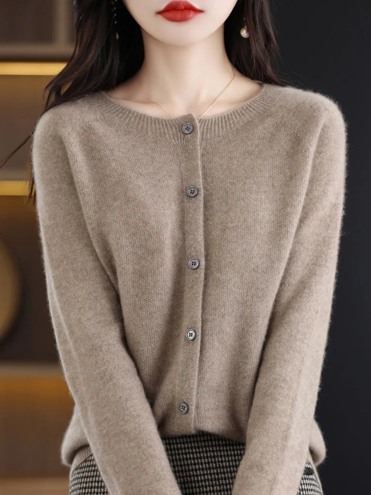 Women Cashmere Sweater 100% Merino Wool Knitted Cardigan Autumn Winter Knitwear O-Neck Female Solid Color Casual Fashion Top