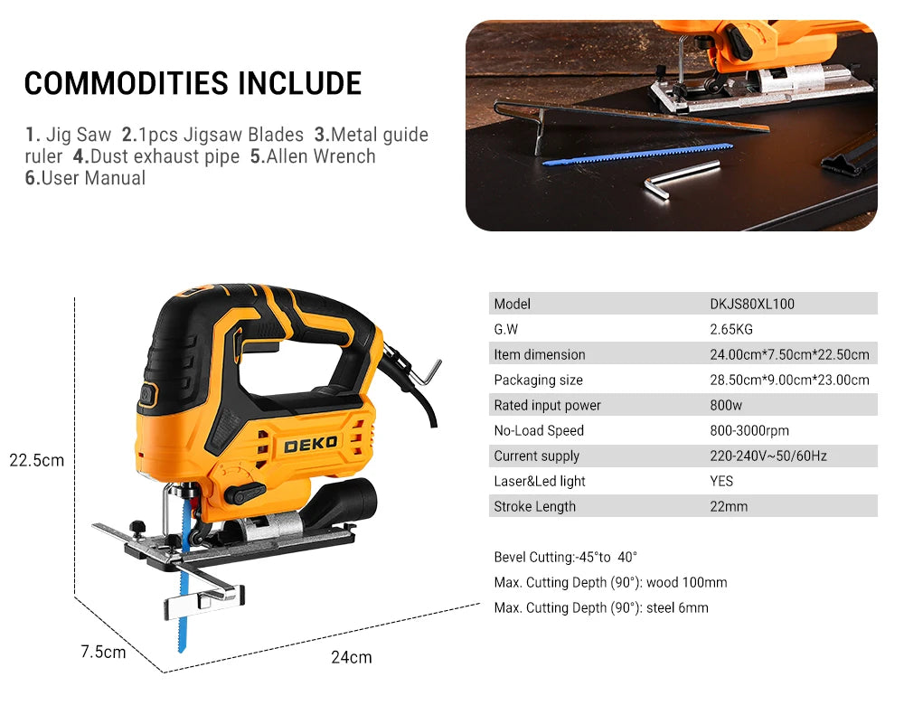 DEKO DKJS80XL100  JIG SAW 220V 800w  Woodworking Electric Tools Electric Saw With  Wrench Guide Ruler Saw Blade