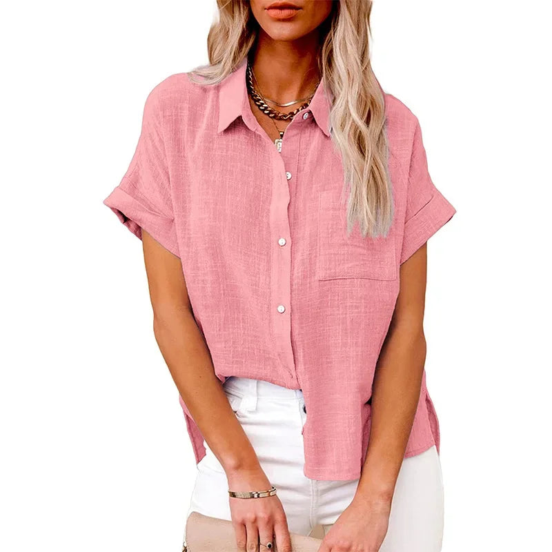 Women's Cotton-Linen Blouse — Loose Short-Sleeve Casual Summer Top