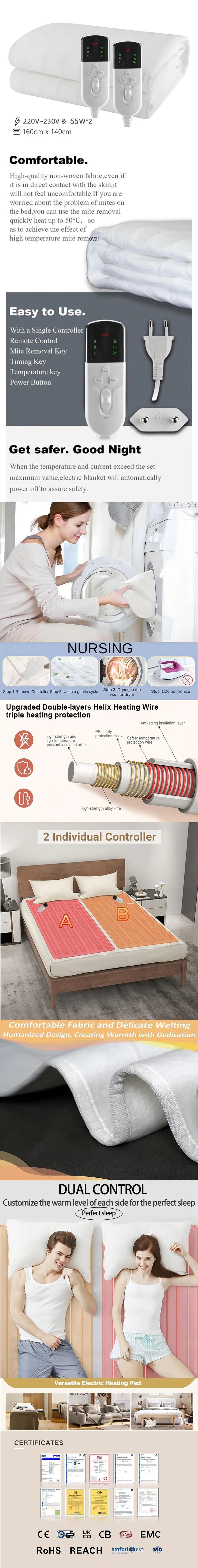 Dual Control Electric Heated Mattress Pad with Timer (220V)