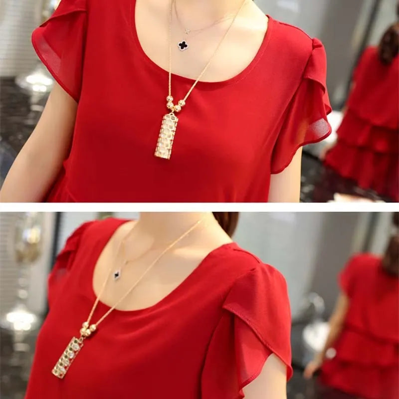 Women's Ruffle Chiffon Mini Dress — Sweet Solid Short-Sleeve O-Neck Dress