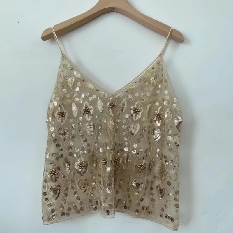 Women's Hot Sweet Sequin Bead Crop Tops Sexy Sling Slim Fit Short V-neck Straight Tank Top Korean Fashion Y2k Clothing