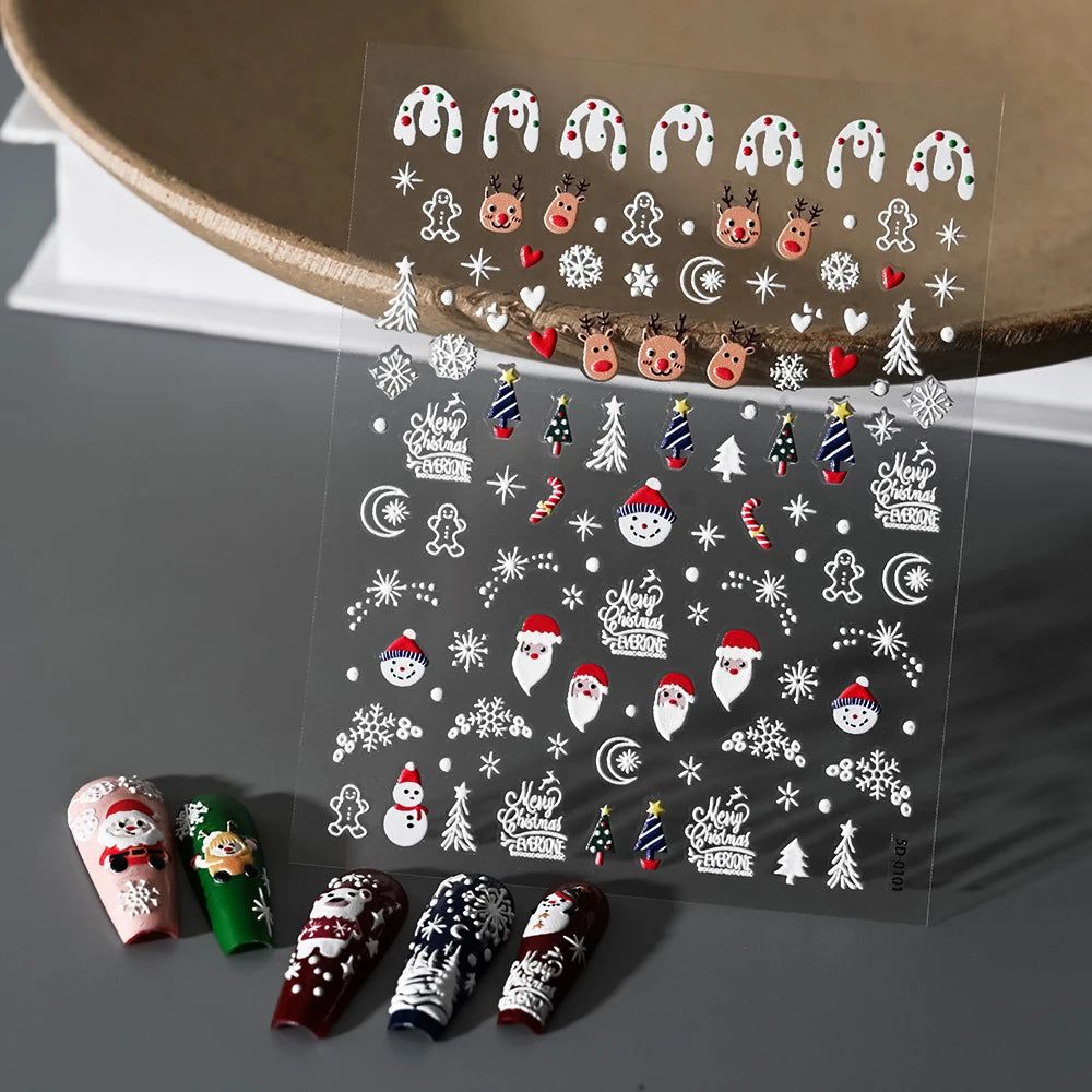 1pcs 5D Embossed Snowflakes/Snowman/Santa Claus/Reindeer Nail Art Stickers Self-Adhesive Cute Christmas Nail Art Decals 8*10CM