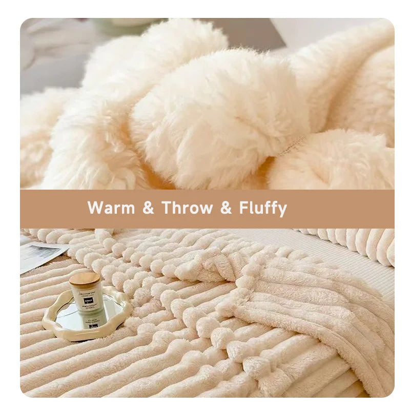 Striped Fluffy Throw Blanket, 250 GSM Soft Bed Blanket