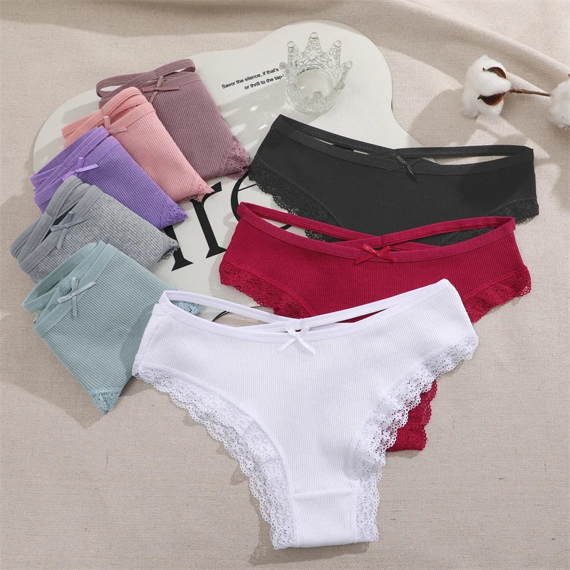 2PCS Cotton Panties for Women Sexy Lace Brazilian Briefs Female Low-Waist Cross Webbing Underpants Stretch Breathable Intimates