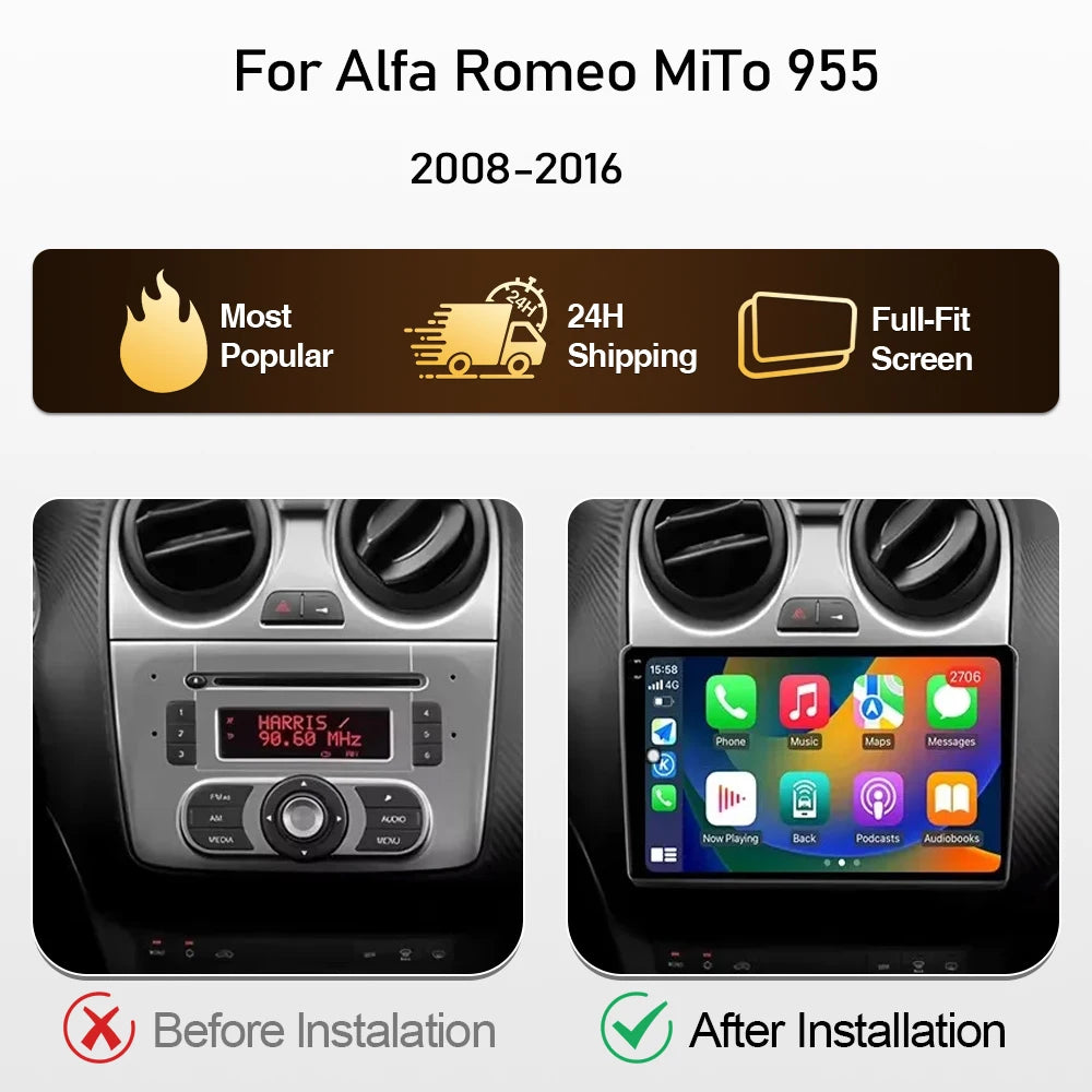 9" Android Car Stereo for Alfa Romeo MiTo 955 (2008–2016) — CarPlay, Android Auto, DSP, QLED, 4G+WiFi